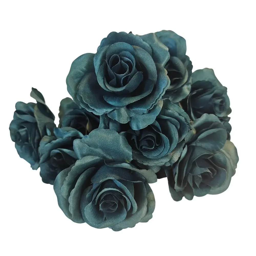Silk Artificial Teal Rose Bush Lot of 2 Bushes, 4 in wide Blooms, 23 Roses total